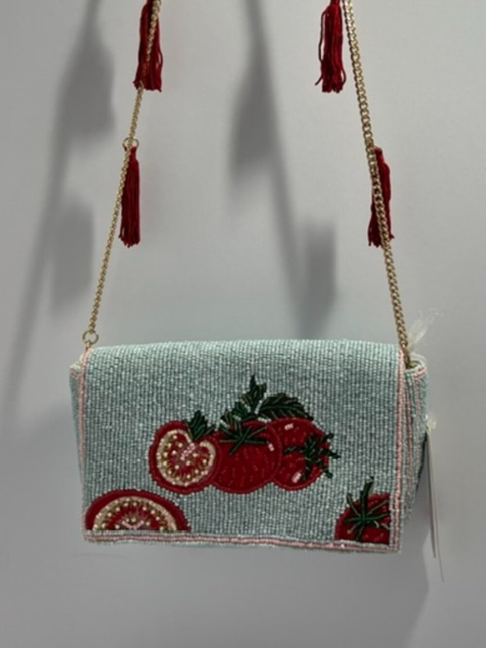 TikTok Sensation! Hand-beaded Womans Crossbody Bag, Aqua Bkgrnd/Red Tomatoes NWT